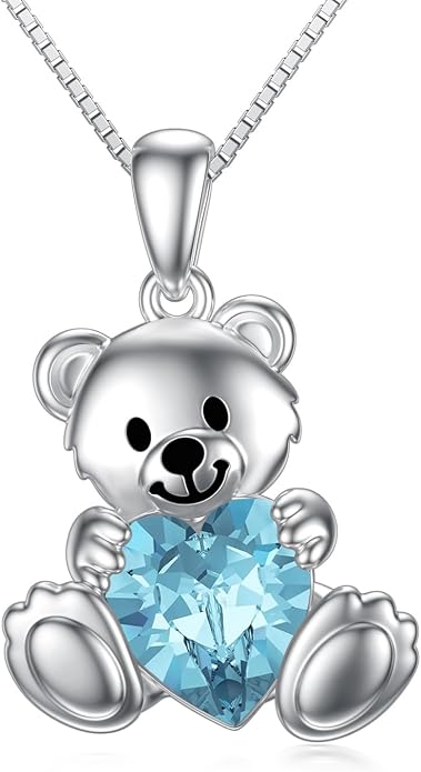 PELOVNY Teddy Bear Necklace for Women 925 Sterling Silver Bear/Highland Cow/Fox/Cat/Axolotl Birthstone Necklace Christmas Birthday Jewelry Gifts for Mom Daughter Wife Sister
