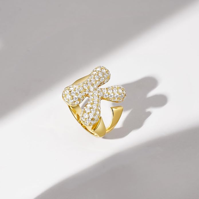 KissYan Bubble Initial Ring for Women, 14K Gold Plate Balloon Jumbo Letter Rings Open Adjustable Dainty Pave CZ Personalized Fashion Jewelry Gift for Mother's Day