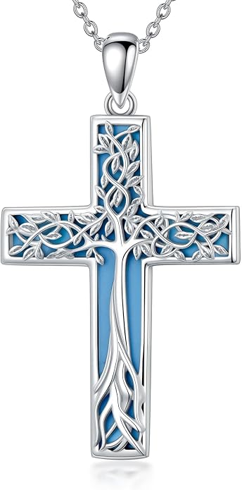 HPQQ Cross Necklace 925 Sterling Silver Turquoise Tree of Life Celtic Knot Cross Pendant Jewelry Mother's Day Gifts for Women