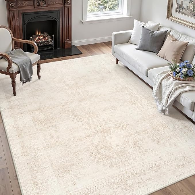 3x5 Area Rugs for Living Room: Vintage Boho Neutral Washable Rug Indoor Soft Large Area Rug Carpet for Bedroom Nursery Farmhouse Dining Room Office Floor Non-Slip Low Pile Under Table Rug Beige