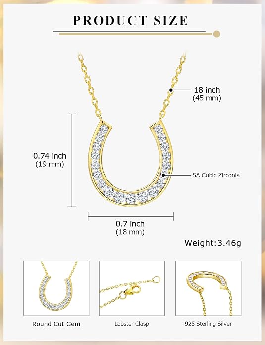 Luck Horseshoe Necklace 14K Gold Plated/Sterling Silver Created Gemstone Pendant with Chain Channel Set U Shaped Charm Necklace Birthstone Jewelry