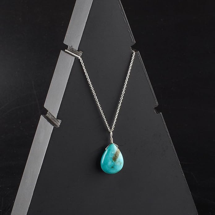 Gifts For Men Turquoise Jewelry Gemstone Pear Dainty Pendant Necklace Women for Her, Crystals, Birthstone, Healing Stones, Rhodium Plating 925 Sterling Silver 18 inch