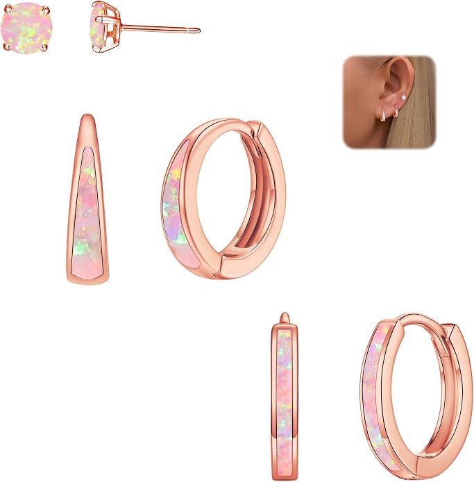 CiNily Opal Earrings Set for Women Hypoallergenic, Opal Stud Huggie Hoop Earrings Silver/Rose Gold Plated Dainty Hoop Huggie Silver Dangle Earring Stacks, Gold Jewelry