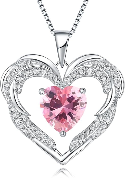 Heart Necklaces for Women Mother's day Gifts, Birthstone 925 Sterling Silver Angel Wings Love Pendant Necklaces for Women, Jewelry Gifts for Wife, Anniversary, Birthday