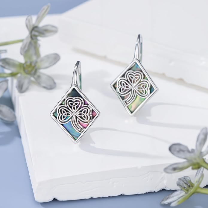 SIMONLY Abalone Shell Tree of Life/Lotus/Clover Earrings for Women 925 Sterling Silver Celtic Knot Leverback Earrings Lotus Jewelry Christmas Mother Day Gift