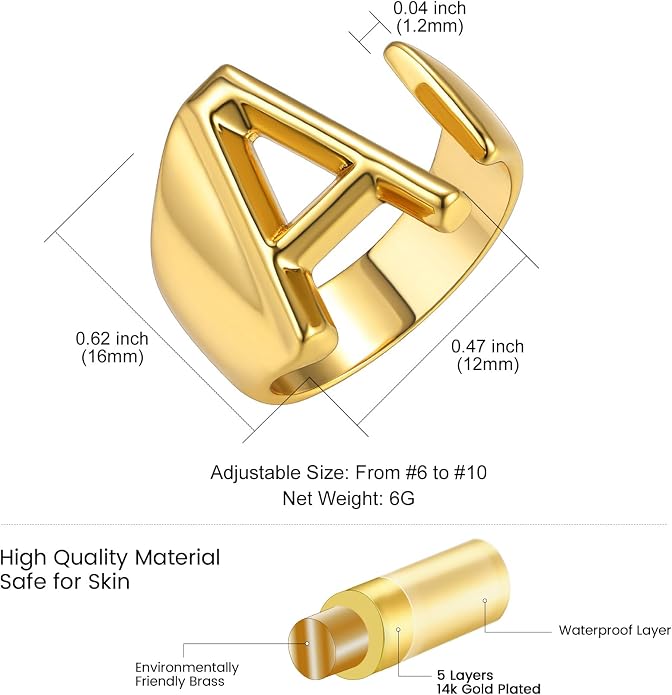 KeyStyle Bold Initial Letter Rings Adjustable, GoldChic Jewelry Women Gold Statement Ring Personalized Engraved Women’s Open Signet Ring for Party (Gold, White Gold, Black)