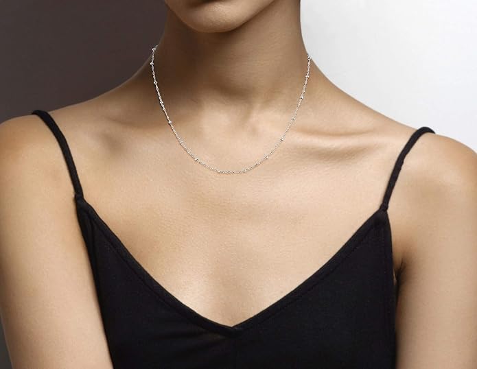 Miabella Italian 925 Sterling Singapore Bead Chain Station Necklace for Women, Made in Italy