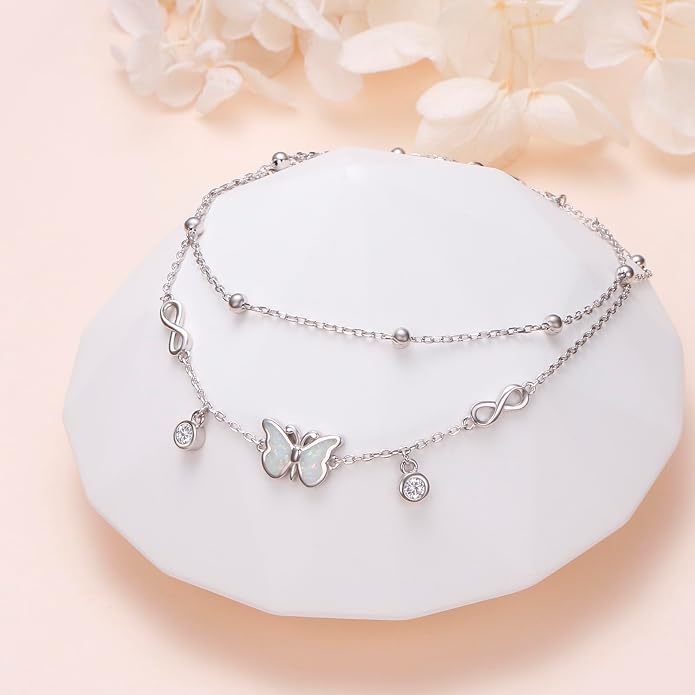 Anklets for Women 925 Sterling Silver Blue Evil Eye Infinity Butterfly Adjustable Multilayer Layered Summer Beach Ankle Bracelet Foot Chain Jewelry for Women
