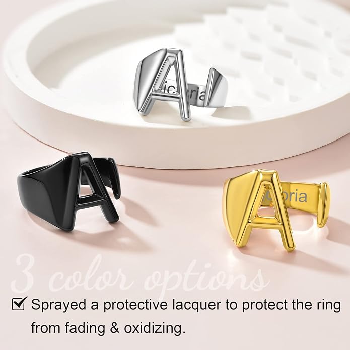KeyStyle Bold Initial Letter Rings Adjustable, GoldChic Jewelry Women Gold Statement Ring Personalized Engraved Women’s Open Signet Ring for Party (Gold, White Gold, Black)