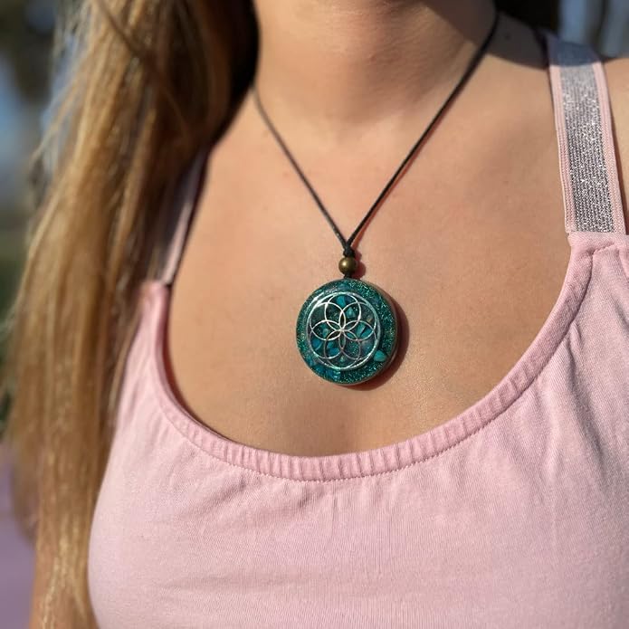 Arte Orgones Seed of Life Orgone Necklace for Women - Healing Crystals Stones with Turquoise, Moonstone, Rose Quartz - Protection SBB Coil Orgonite Pendant - Meditation, Yoga, Reiki - Handmade Design