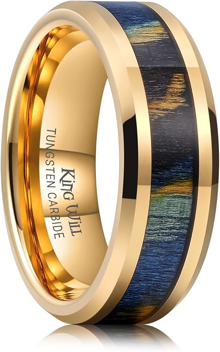 King Will Black Tungsten Wedding Band For Men, 8mm Promise Ring Inlay Red Twill Pattern/Colorful Wood Chips, High Polished Beveled Edge - Suitable For Daily Wear, Comfort Fit Size 7-14