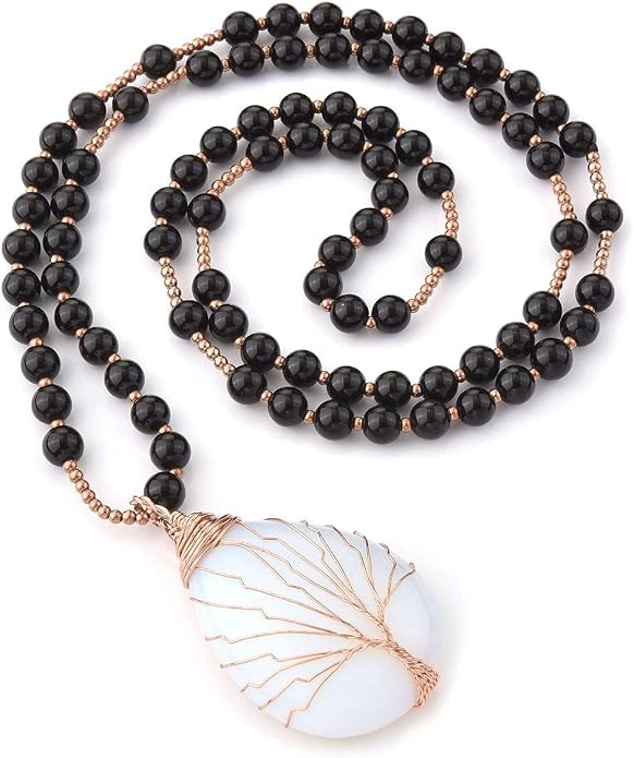 Top Plaza Healing Crystal Amethyst Necklace Natural Stone Beads Life Tree Wire Wrapped Teardrop Gemstone Pendant Jewelry for Women Mom