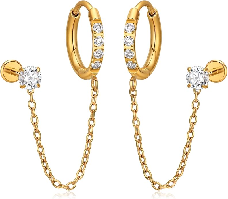 1 Pair ASTM F136 Titanium Double Piercing Dangle Earrings, Cubic Zirconia Dainty Chain Earrings for Helix Conch Earlobe