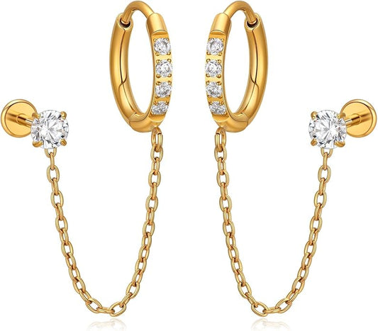 1 Pair ASTM F136 Titanium Double Piercing Dangle Earrings, Cubic Zirconia Dainty Chain Earrings for Helix Conch Earlobe