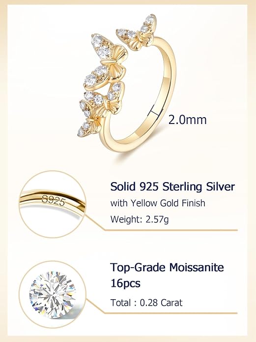 Moissanite Flower/Butterfly/Star Pretty Open Ring for Women, Adjustable Ring, Solid 925 Sterling Silver with Gold Plated, Stackable Ring, Birthday Valentines Anniversary Mothers Day Ideal Gift for Her