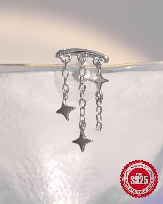 Sterling Silver 925 Flat Back Earring for Women Hidden Helix Piercing Jewelry 16G Star Moon Dangle Cartilage Internally Threaded Tragus Conch Stud Screw Cubic Zirconia Ear Ring