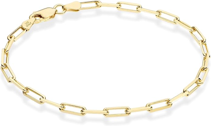 Miabella 18K Gold Plated 925 Sterling Silver Italian 3mm Paperclip Link Chain Bracelet for Women Men, Made in Italy
