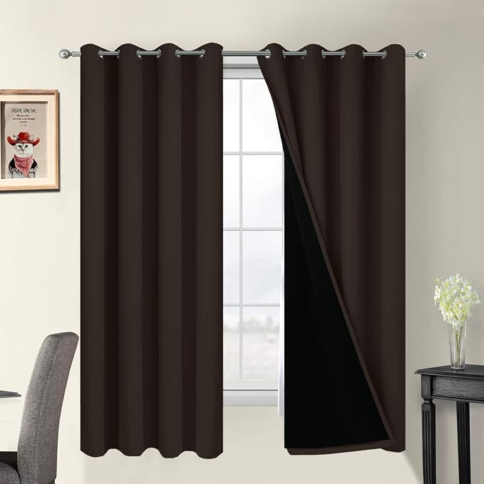 Yakamok Chocolate 100% Blackout Curtains 63 Inches Long 52" Wide 2 Panels | Blackout Curtain Panels for Bedroom, 2 Thick Layers Grommet Top Thermal Insulated Drapes with Black Liner for Living Room
