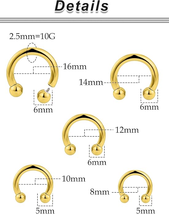 20G-00G Septum Rings Ear Gauges Earrings Stretching Kit 316L Surgical Steel Horseshoe Septum Pa Piercing Jewelry for Women 10mm 12mm 14mm 16mm