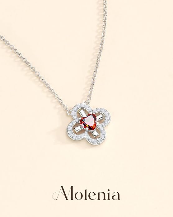 Four Leaf Clover Heart Birthstone Necklace, S925 Sterling Silver Clover Pendant, Dainty Lucky Charm Jewelry Birthday Gift for Her, 18"+2" Adjustable