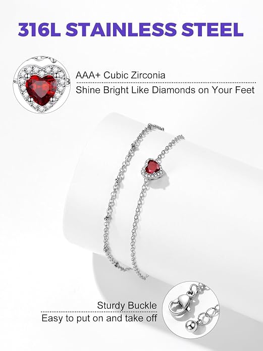 Richsteel Double Layer Heart/Butterfly Birthstone Anklet for Women Non Tarnish Waterproof, Silver/Gold/Black Stainless Steel 8.5-10.5 Inch Adjustable Chain Anklets Jewelry Gifts for Her