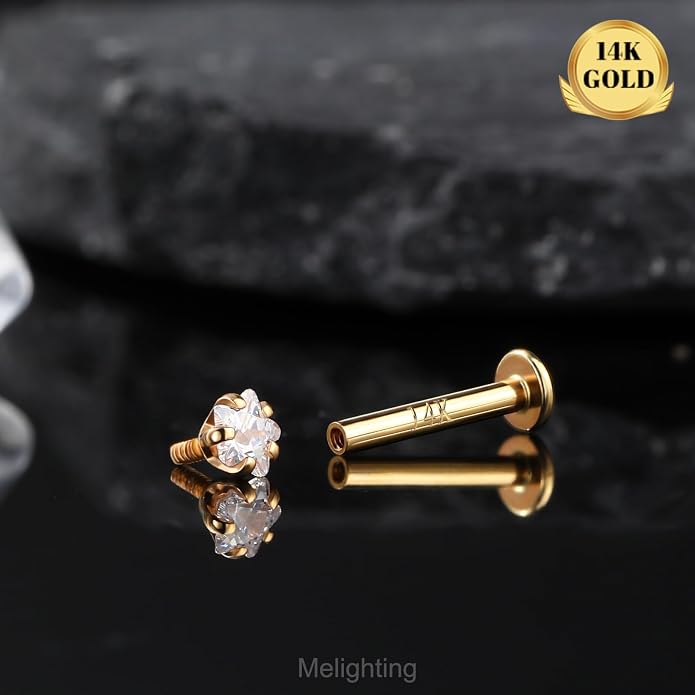 Melighting 14K Solid Gold Cartilage Earring - 16G Gold Heart Flat Back Earring - Star Helix Piercing Jewelry - Internally Threaded Curved CZ - 8mm