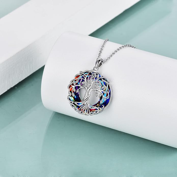 POPLYKE Tree of Life Necklace for Women Sterling Silver Celtic Knot Family Tree With Blue/Purple/Volcano Crystal Irish Gifts for Mom Wife Birthday Christmas