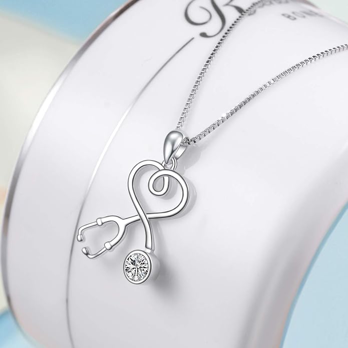 AOBOCO Stethoscope Necklace 925 Sterling Silver Embellished with 12 Months Birthstone Crystals from Austria, Graduation Gifts Medical Jewelry for Doctor Nurse Medical Student RN