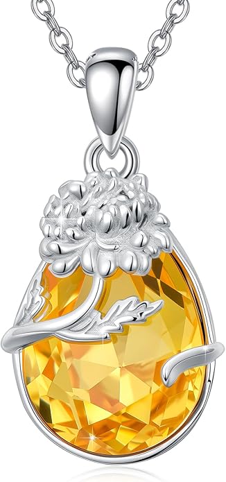 925 Sterling Silver Birth Flower Necklace with Teardrop Shaped Birthstone - 12 Colors, 12 Kinds of Flower - Ideal Birthday Jewelry Gift for Women, Mothers, Daughters & Wives