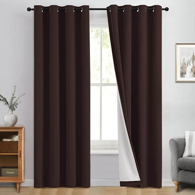 Yakamok Brown 100% Blackout Curtain Panels 84 inches, 50" Wide, 2 Panels | Blackout Curtain Panels for Bedroom, 2 Thick Layers Grommet Top Thermal Insulated Drapes with White Back for Living Room