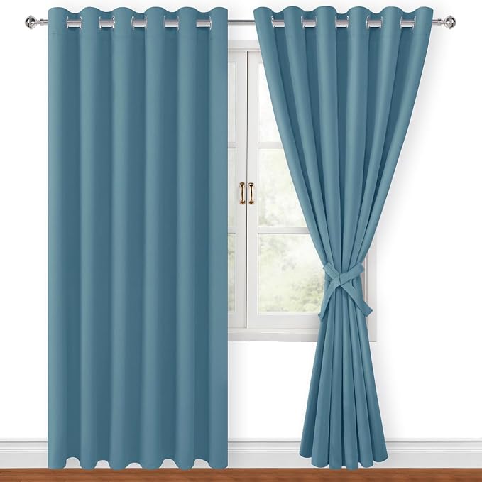 Hiasan Room Darkening Curtains for Bedroom, 70 x 84 Inches - Thermal Insulated & Energy Saving Window Drapes for Living Room/Dorm Room, Set of 2 Panels Sewn with Tiebacks, Stone Blue