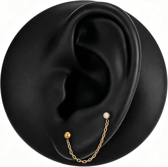 1 Pair ASTM F136 Titanium Double Piercing Dangle Earrings, Cubic Zirconia Dainty Chain Earrings for Helix Conch Earlobe