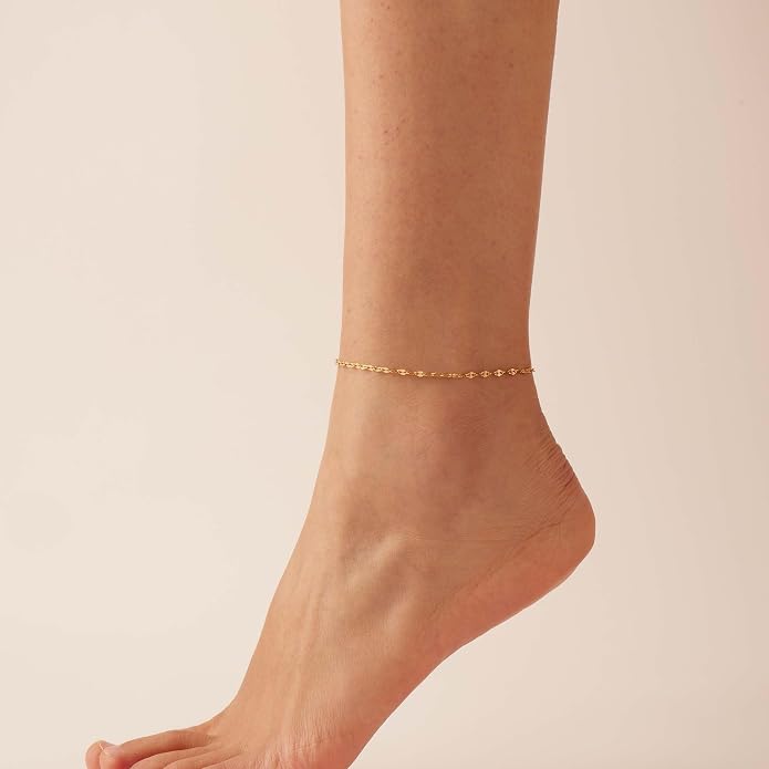 Dainty Ankle Bracelets for Women 18K Gold Plated Satellite Beaded Herringbone Lip Chain Anklets Simple Minimalist Summer Beach Foot Jewelry Christmas Gifts
