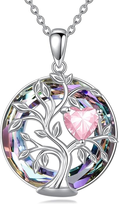 Tree Of Life Birthstone Necklace 925 Sterling Silver Crystal Family Tree Pendant Necklaces Heart Birthstone Jewelry For Women Female Anniversary Birthday Gifts