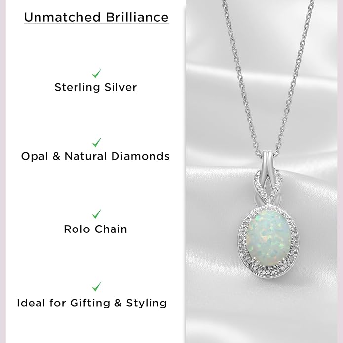 Jewelili Created Oval Opal Necklace Pendant for Women with Diamonds and October Birthstone in Sterling Silver 18" Rolo Chain
