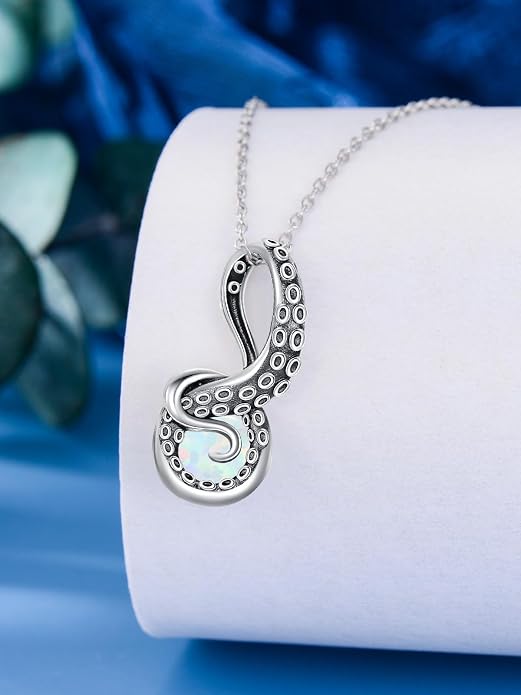 Octopus Tentacles Necklace with Gemston 925 Sterling Silver Octopus Pendant for Women Ocean Jewelry Gift for Women