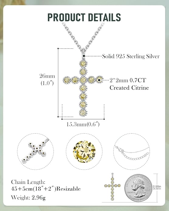 925 Sterling Silver 18 inch Birthstone Cross Pendant Necklace for Women Men