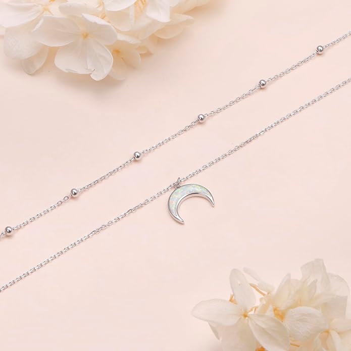 FLYOW Layered Choker Necklace S925 Sterling Silver Star Full Moon Daisy Flower Pendant Disc Jewelry Adjustable Clavicle Necklaces for Women Girls Birthday Gifts