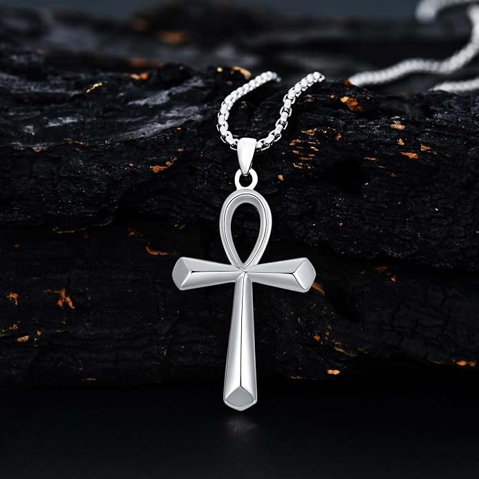 KXJ S925 Sterling Silver Black Cross/Best Dad/Baseball Bat/Silver Cross/Ankh Cross/Crucifix with 22+2 Inches Stainless Steel Rolo Chain Cross Necklace for Men Women Christian Religious Jewelry Gifts