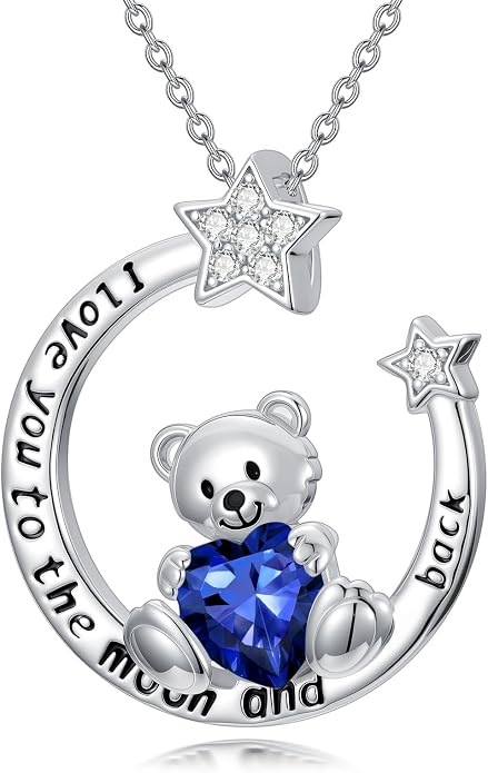 PELOVNY Teddy Bear Necklace for Women 925 Sterling Silver Bear/Highland Cow/Fox/Cat/Axolotl Birthstone Necklace Christmas Birthday Jewelry Gifts for Mom Daughter Wife Sister
