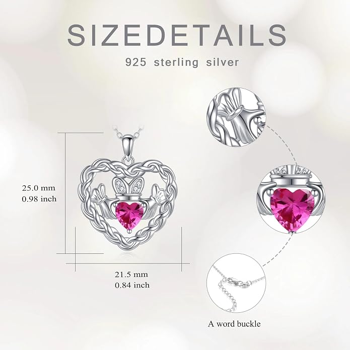 Birthstone Claddagh Heart Necklace 925 Sterling Silver Heart Celtic Knot Claddagh Necklace Pendant Irish Jewelry Gifts for Women Mom Wife Sister Christmas Birthday,18+2 inch
