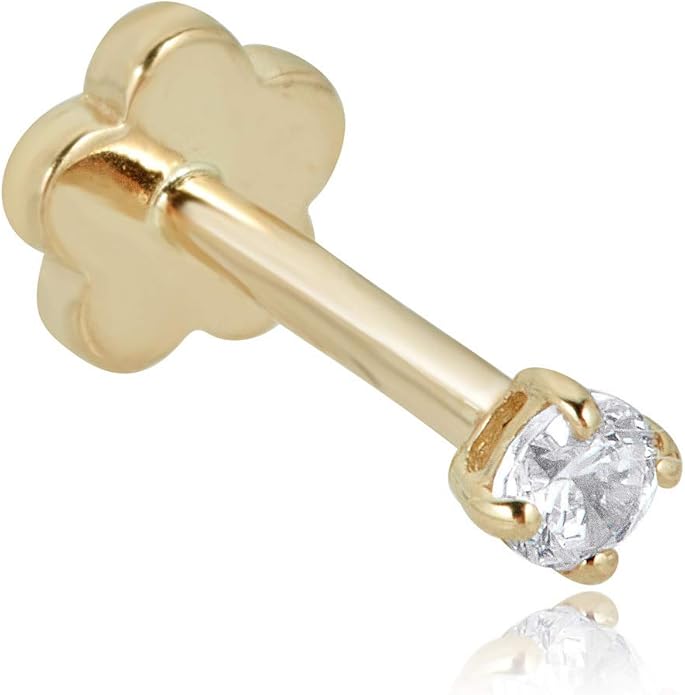 AVORA 14K Yellow/White Gold Simulated Diamond CZ Cartilage Piercing Flat Back Earring Body Jewelry (18 Gauge)
