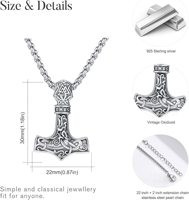 Viking Necklace 925 Sterling Silver Celtic Nordic Runes Amulet Necklace Viking Jewelry for Men Women