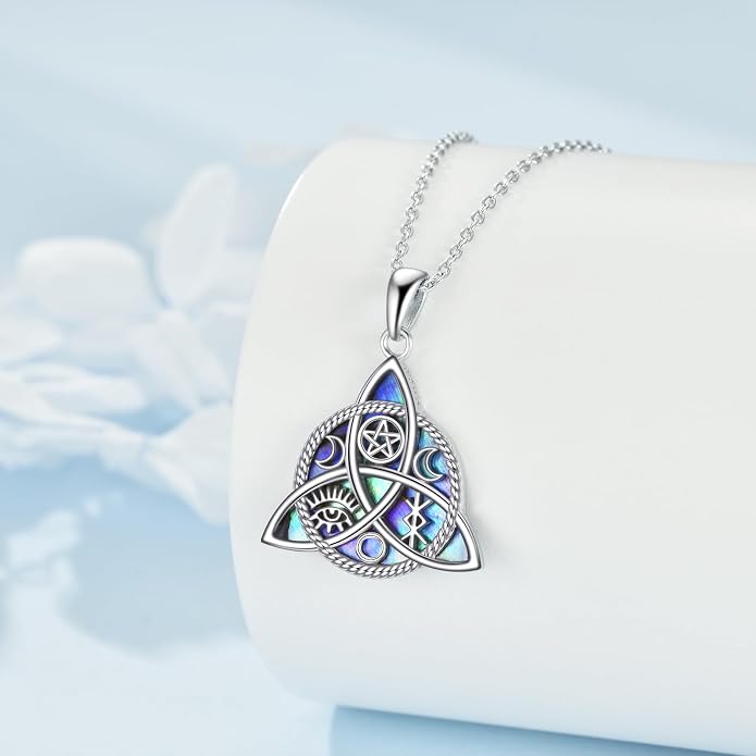 YFN Triple Moon Goddess Necklace Sterling Silver Pentagram Pentacle Opal Pendant necklace Pagan Wiccan Magic Amulet Tree of Life Jewelry for Women Men 18"