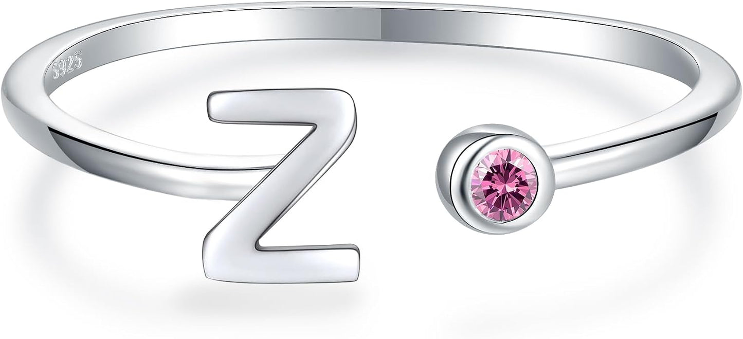 925 Sterling Silver Initial Letter Birthstone Rings for Women Adjustable 1-12 Month Birthstone Alphabet Stacking Ring for Teens Girls Stackable Birthstone Rings Birthday Jewelry Gift for Daughter Mom