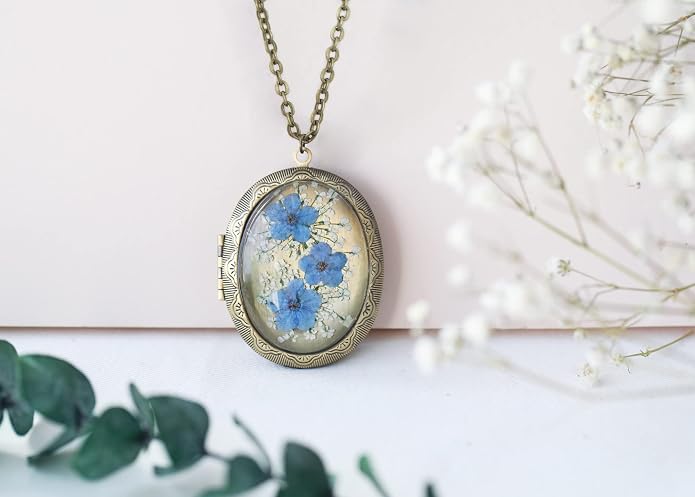 Handmade Oval Shaped Photo Locket with dried Pressed Flowers Locket pendant Necklace