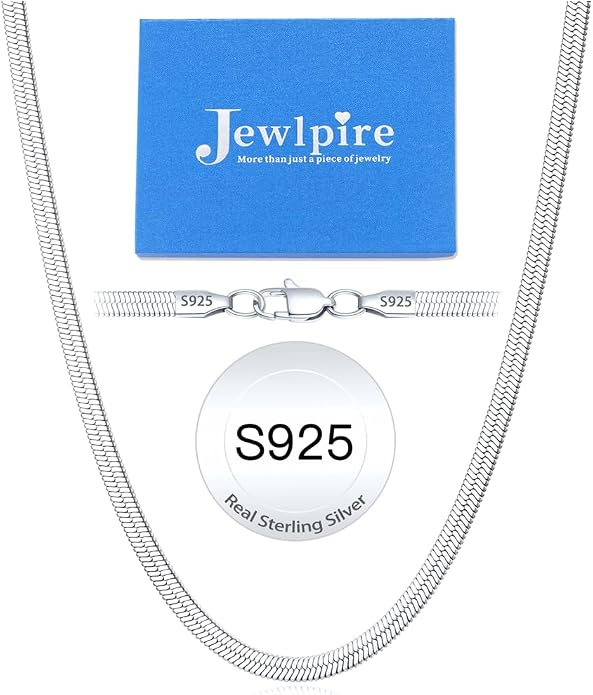 Jewlpire 3mm 4mm 5mm Herringbone Necklace 18K Gold Plated 925 Sterling Silver Chain Necklace for Women, Flat Snake Chain Necklace, Women's Chains Necklaces 16 18 20 22 24 Inch