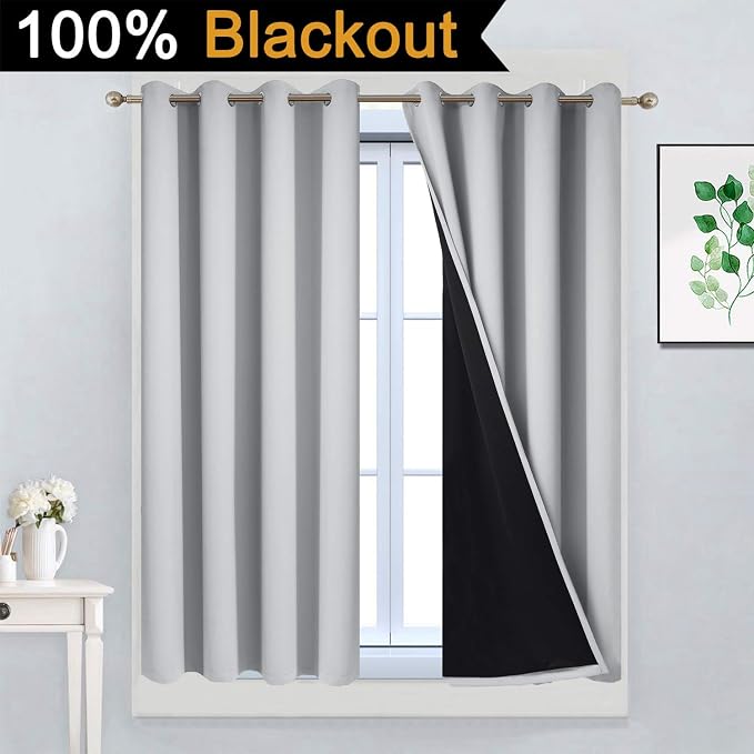 Yakamok Light Grey 100% Blackout Curtains 45 Inches Long 52" Wide 2 Panel | Blackout Curtain Panels for Bedroom, 2 Thick Layers Grommet Top Thermal Insulated Drapes with Black Liner for Living Room
