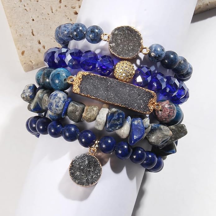 Yomisa 5PCS 6PCS Natural Boho Beaded Bracelets/Bangle for Women Men,Healing Turquoise Jasper Agate Crystal Gemstone Stone Chakra Multilayer Wrap Bohemian Handmade Jewelry Beads Stretch Bracelet Set