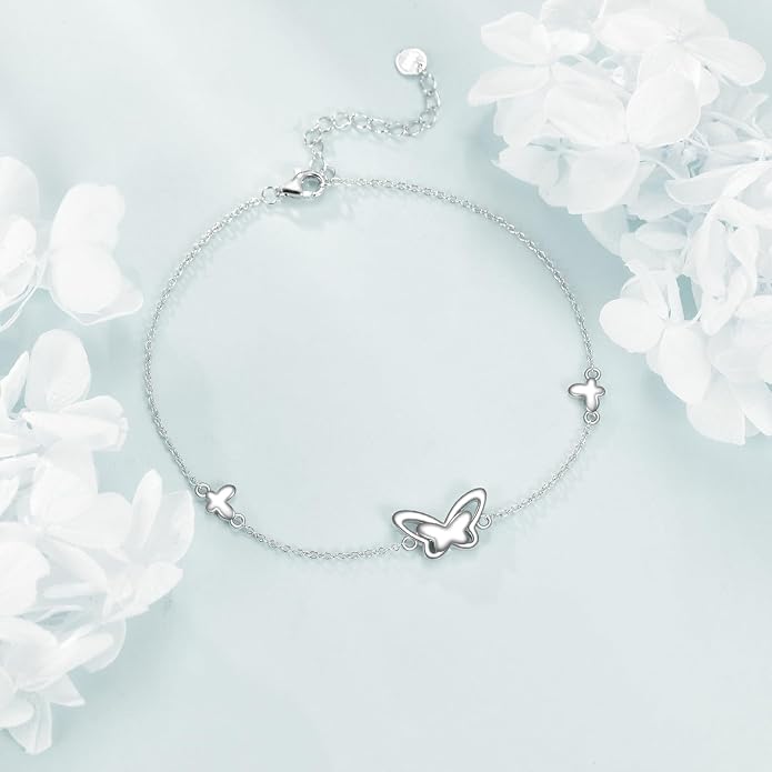 AOBOCO 925 Sterling Silver Anklet for Women Crystal Butterfly Dragonfly Evil Eye Ankle Bracelet Ankle Summer Beach Jewelry Gifts